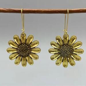 Gold Sunflower Gold Dangle Earrings Antiqued